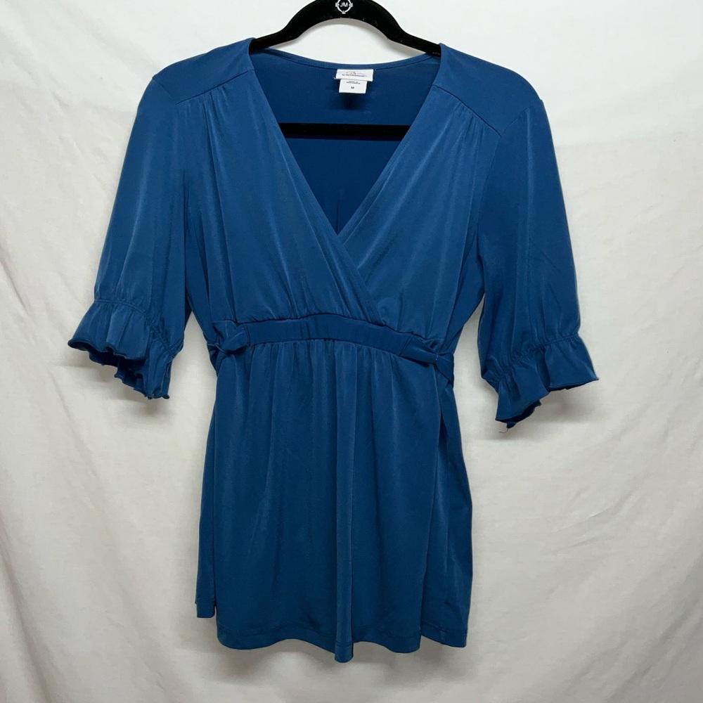 Oh Baby by Motherhood Maternity Blue Faux Wrap V-Neck Blouse Perfect for Photos